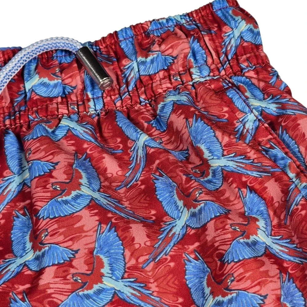 Peter Millar Mens Seaside Collection Red/Blue Parrot AOP Swim Trunk Shorts Sz XL